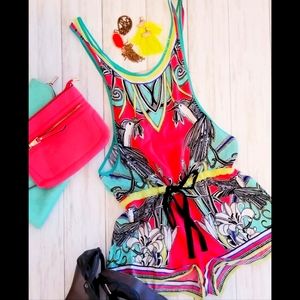 Tropical Coral / Teal Romper